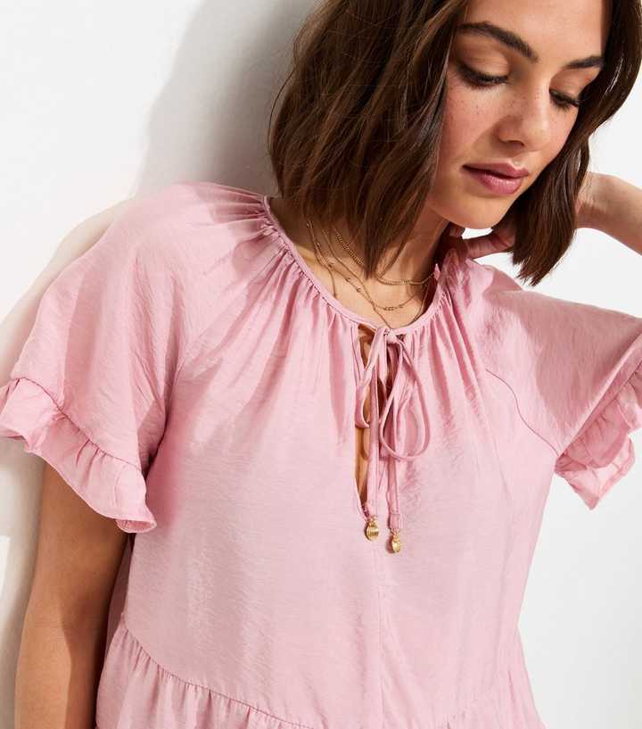 Light Pink Tiered Tie Neck Top