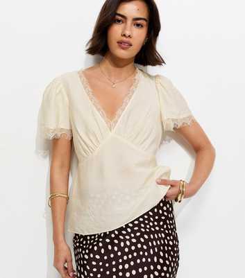 Cream Button Lace Trim V Neck Tea Top