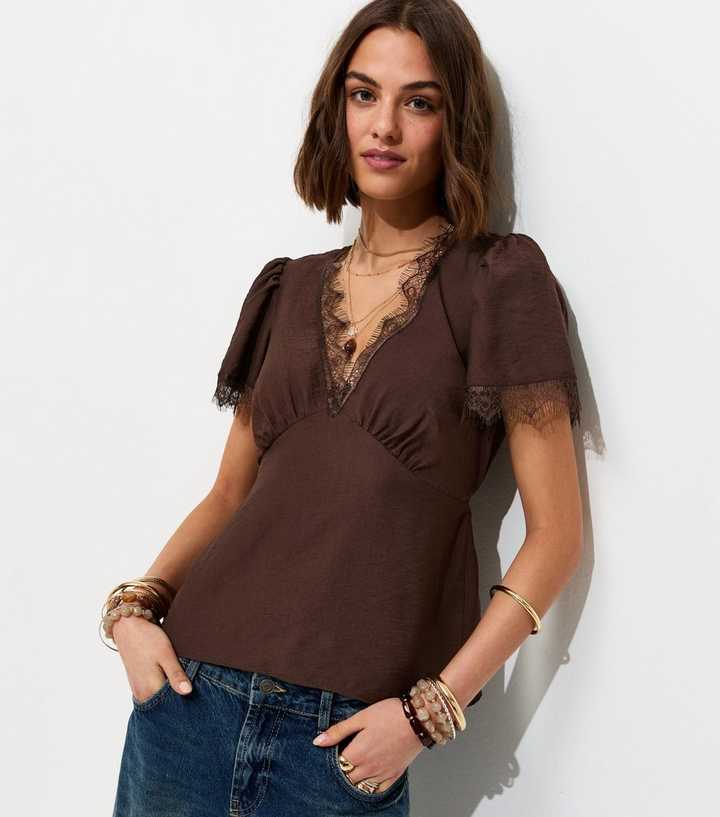 Dark Brown Button Lace Trim V Neck Tea Top