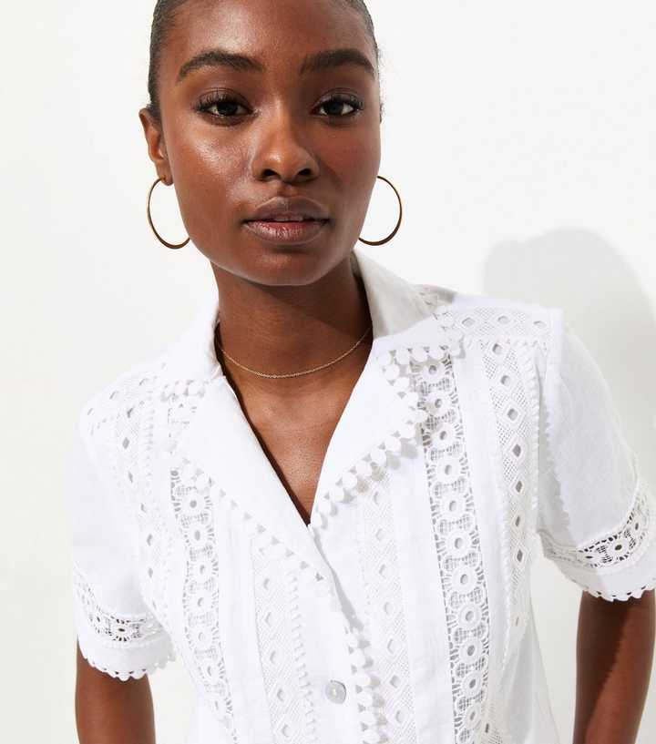 White Embroidered Lace Trimmed Cropped Shirt