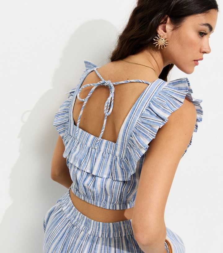 Blue Cotton Stripe Frill Crop Top