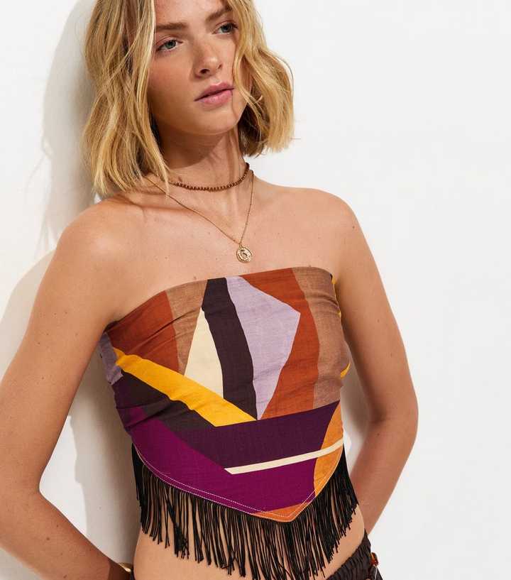Multicoloured Geometric Fringed Bandeau Hanky Top