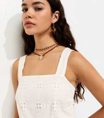 Off White Cotton Grid Lace Cropped Cami Top