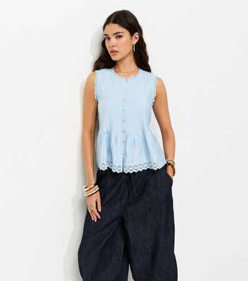 Light Blue Pintuck Button Front Sleeveless Top