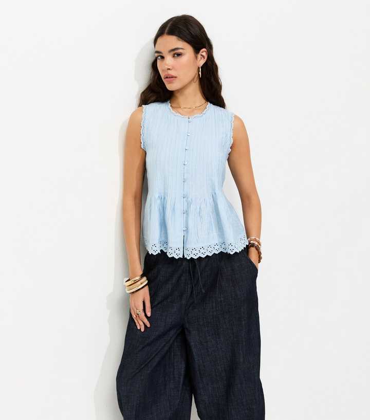 Light Blue Pintuck Button Front Sleeveless Top