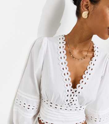 White Pintuck Balloon Sleeve Cropped Blouse