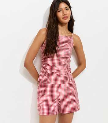 Red Gingham Print Ruched Cami Top