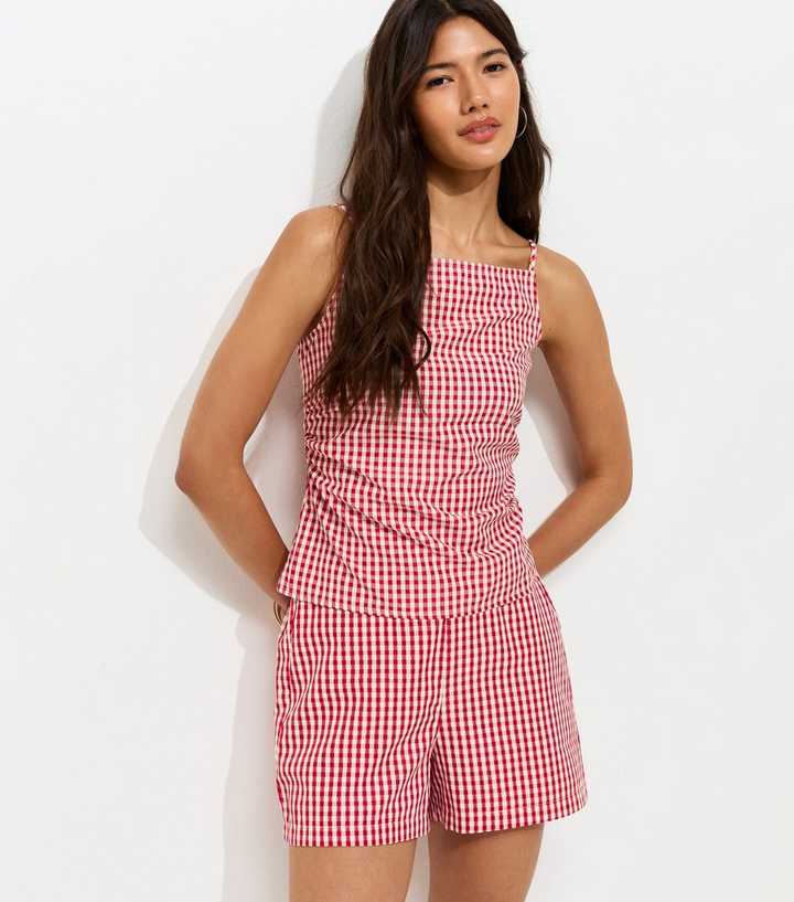 Red Gingham Print Ruched Cami Top