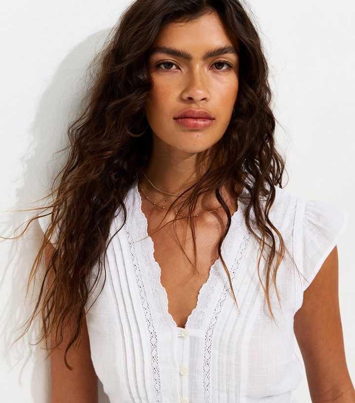 White Cotton Lace Trim Button Front Tea Top