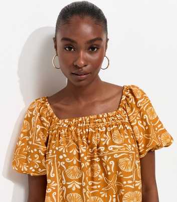 Orange Shell Pattern Print Square Neck Blouse