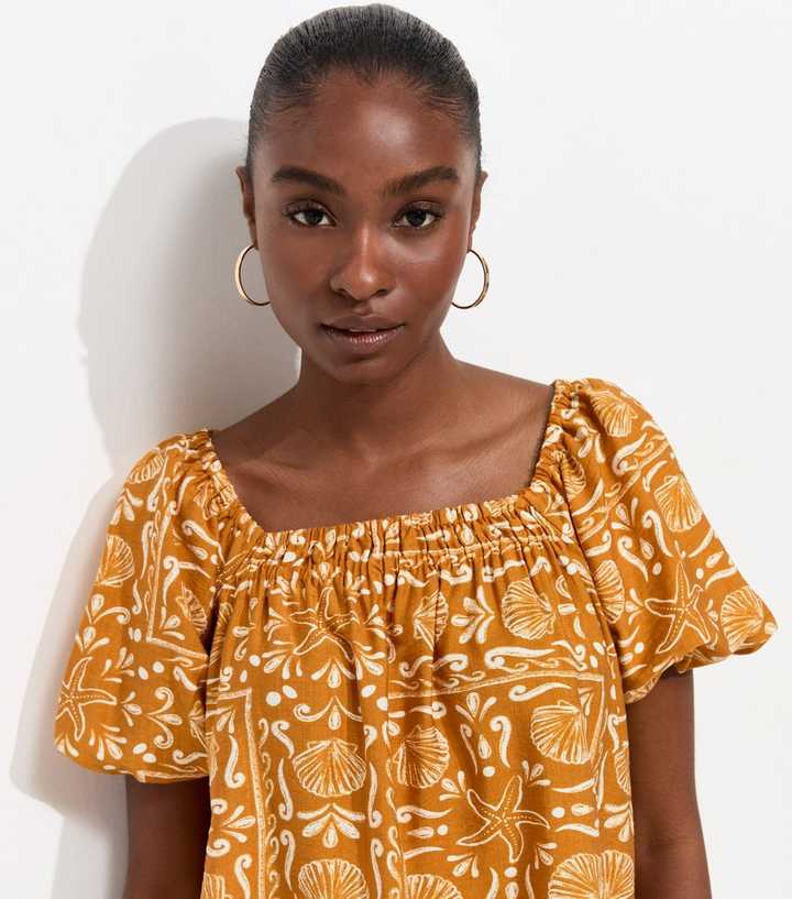 Orange Shell Pattern Print Square Neck Blouse