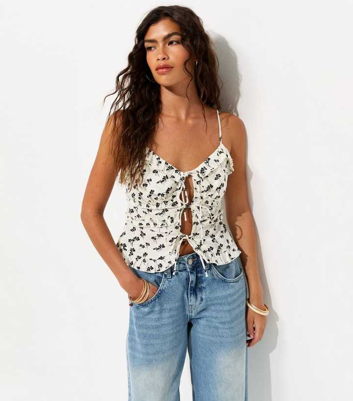 White Cotton Floral Tie Front Cami Top