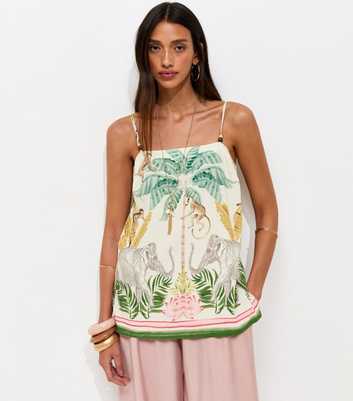 Cream Tropical Print Beaded Strap Cami Top