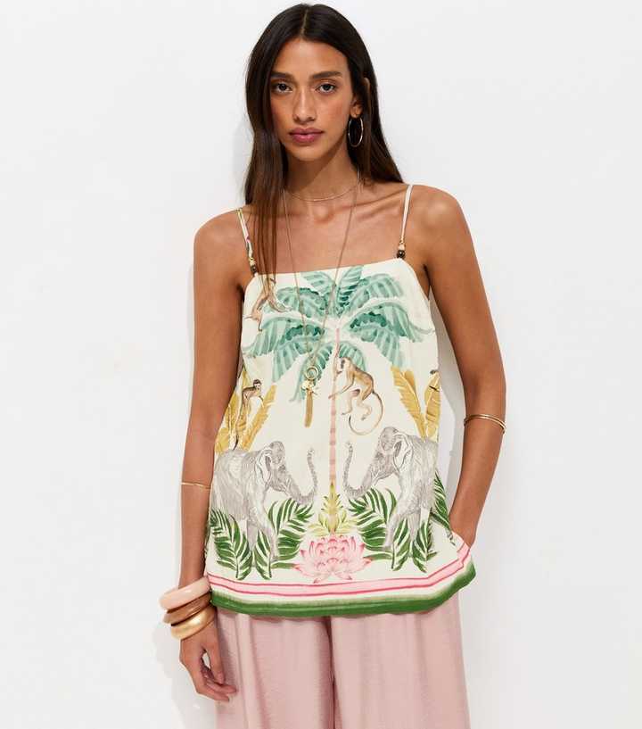 Cream Tropical Print Beaded Strap Cami Top