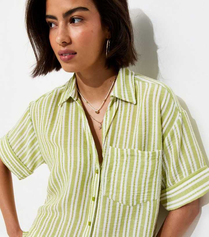 Green Striped Cropped Short Sleeve Shirt