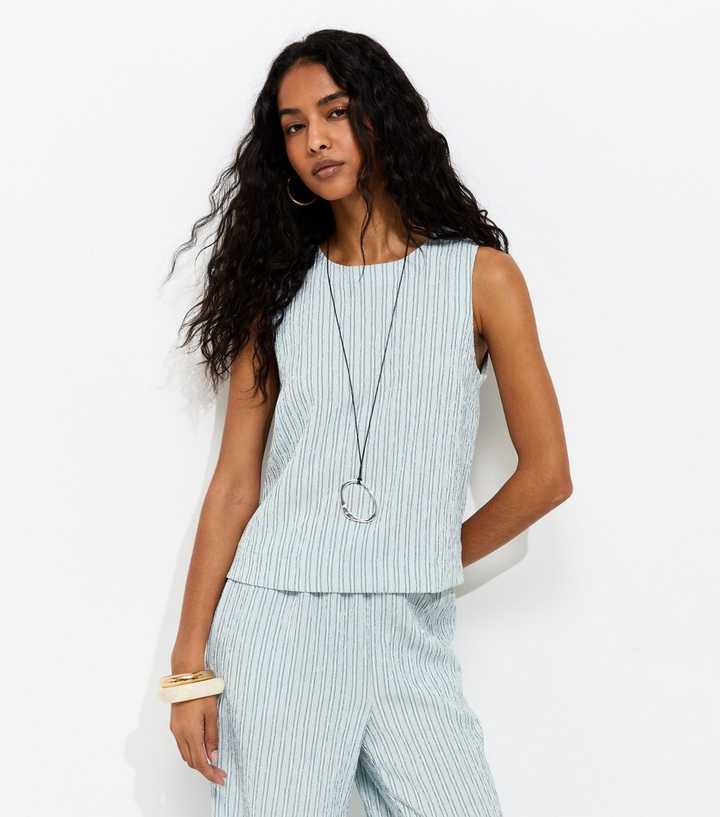 Light Blue Stripe Sleeveless Shell Top