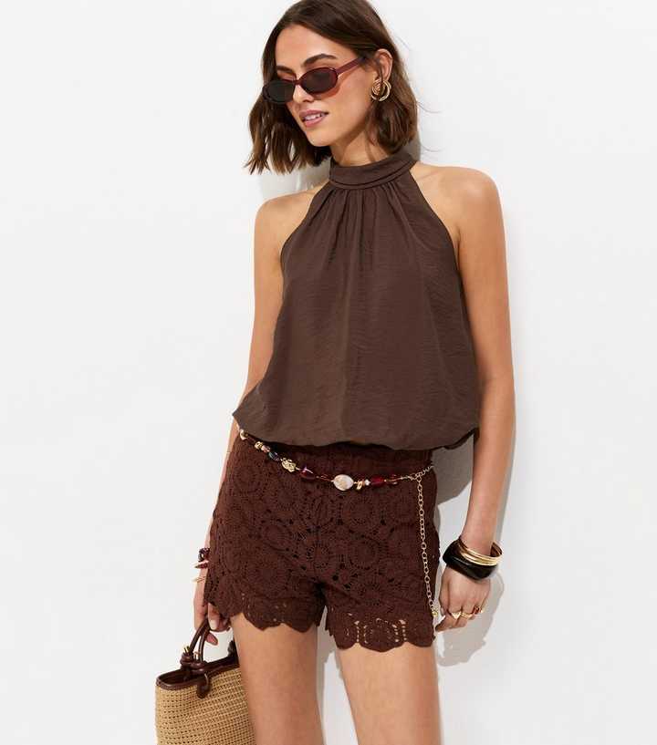 Dark Brown Tie Neck Cropped Bubble Hem Blouse