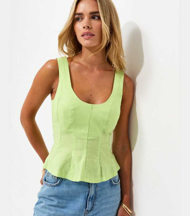 Petite Light Green Linen Rich Scoop Neck Top