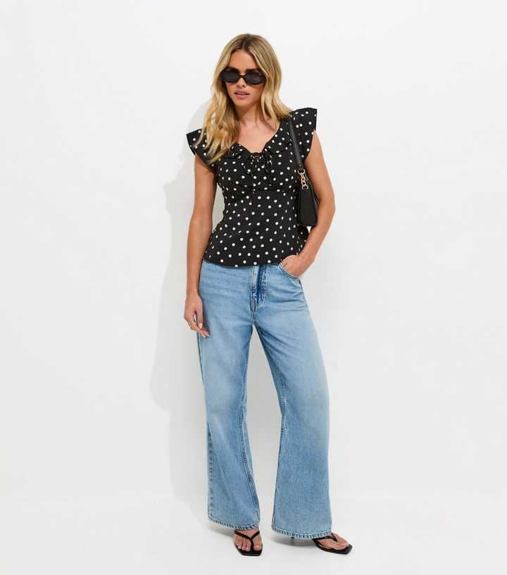 Petite Black Polka Dot Frill Trim Tea Top