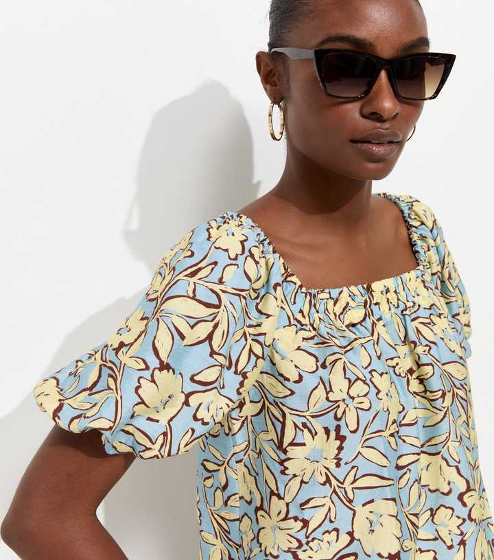 Blue Floral Print Square Neck Blouse