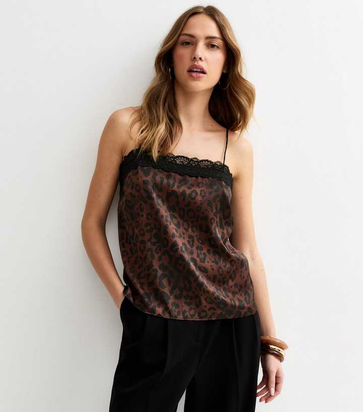 Brown Animal Print Lace Neck Cami Top