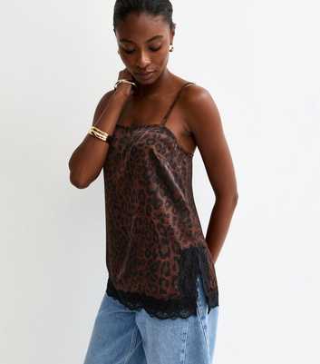 Brown Animal Print Lace Trim Longline Cami Top