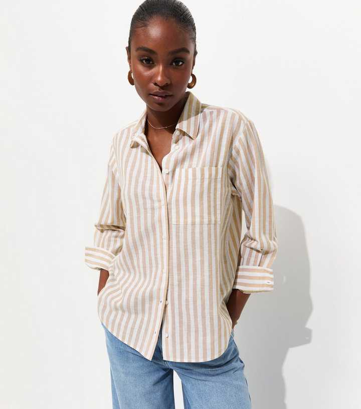 Brown Cotton Linen Striped Long Sleeve Shirt