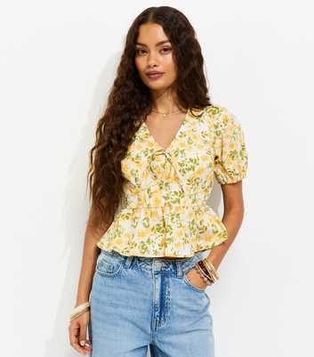 Petite Yellow Cotton Floral Puff Sleeve Peplum Blouse