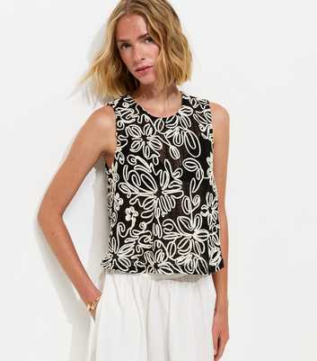 Black Floral Appliqué Sleeveless Top