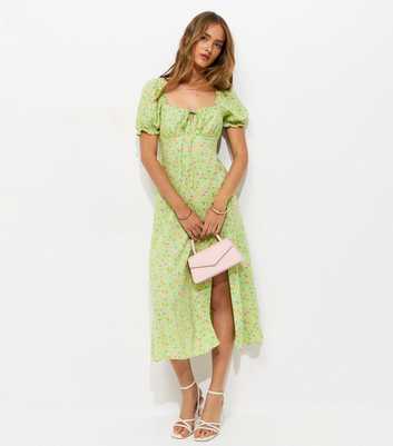 Green Floral Print Slit Hem Midi Dress