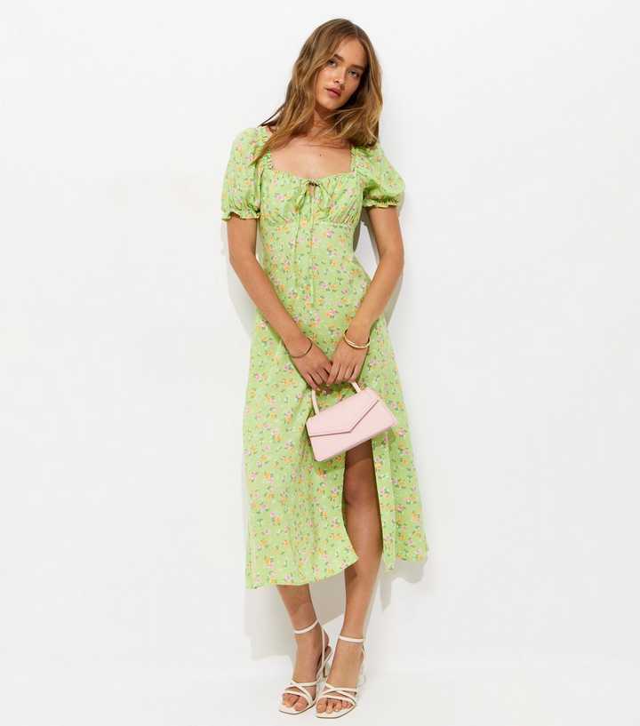 Green Floral Print Slit Hem Midi Dress