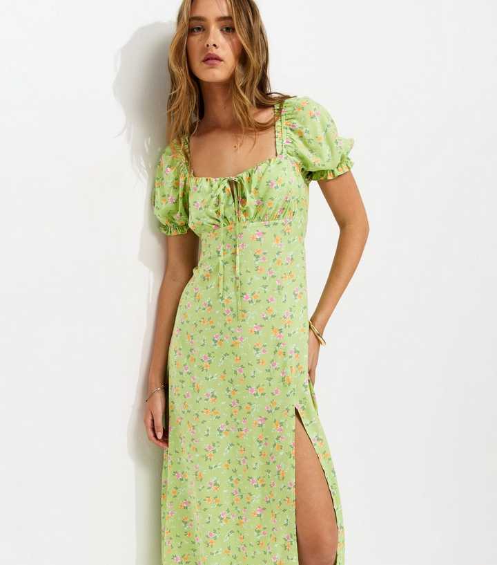 Green Floral Print Slit Hem Midi Dress | New Look