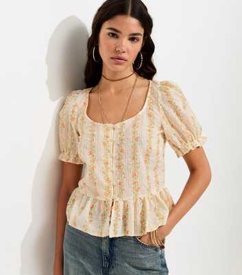 Cream Stripe Ditsy Floral Button Front Tea Blouse