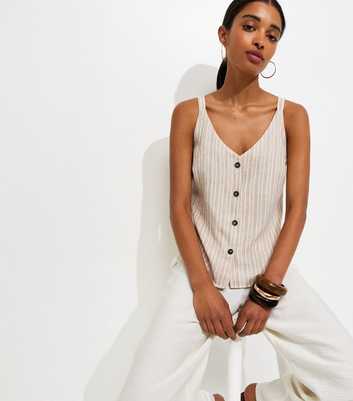 Cream Stripe Button Cami V Neck Top
