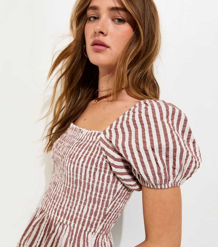 Brown Stripe Cotton Shirred Peplum Blouse