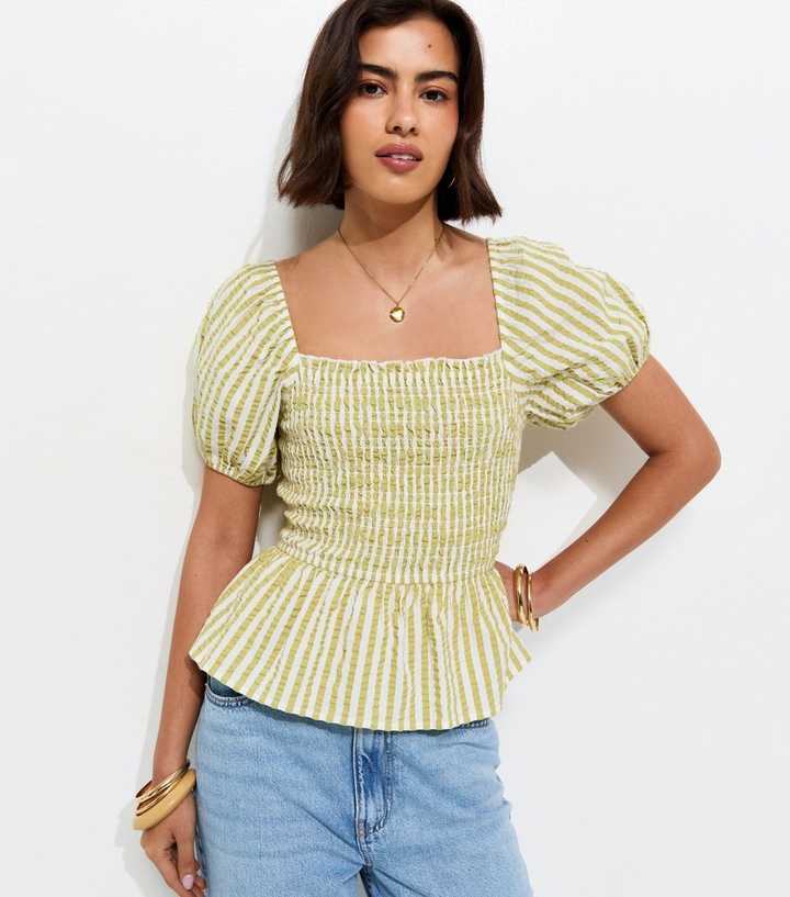 Light Green Stripe Cotton Shirred Peplum Blouse