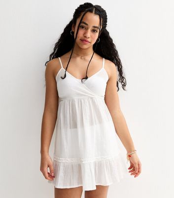 Girls White Jacquard Mini Dress