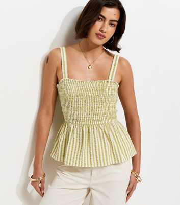 Green Cotton Striped Seersucker Shirred Cami Top