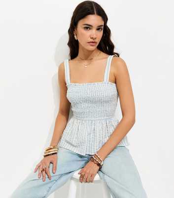 Blue Cotton Striped Seersucker Shirred Cami Top