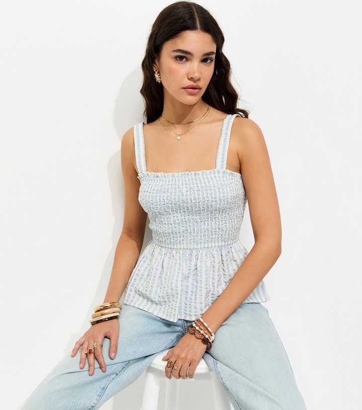 Blue Cotton Striped Seersucker Shirred Cami Top