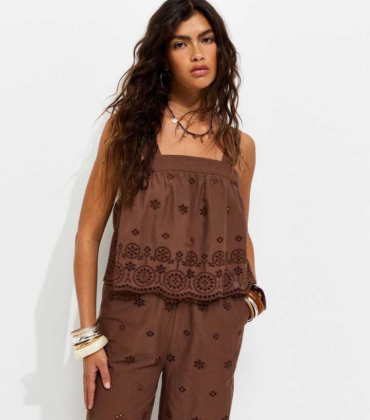 Dark Brown Cotton Broderie Embroidered Scalloped Hem Cami Top