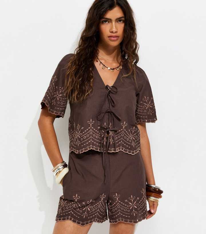 Brown Cotton Embroidered Scalloped Hem Tie Blouse