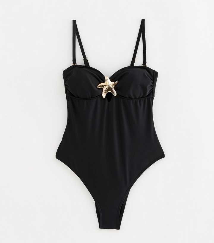 Black Tummy Control Gold Tone Starfish Charm Swimsuit