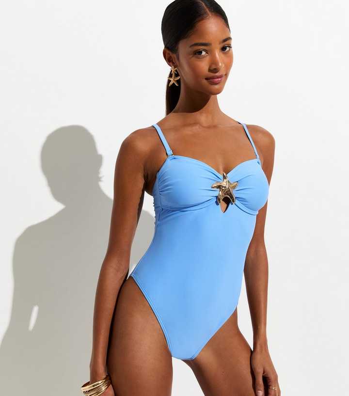 Blue Tummy Control Gold Tone Starfish Charm Swimsuit