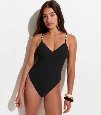 Black Tummy Control Beaded Strap Swimsuit