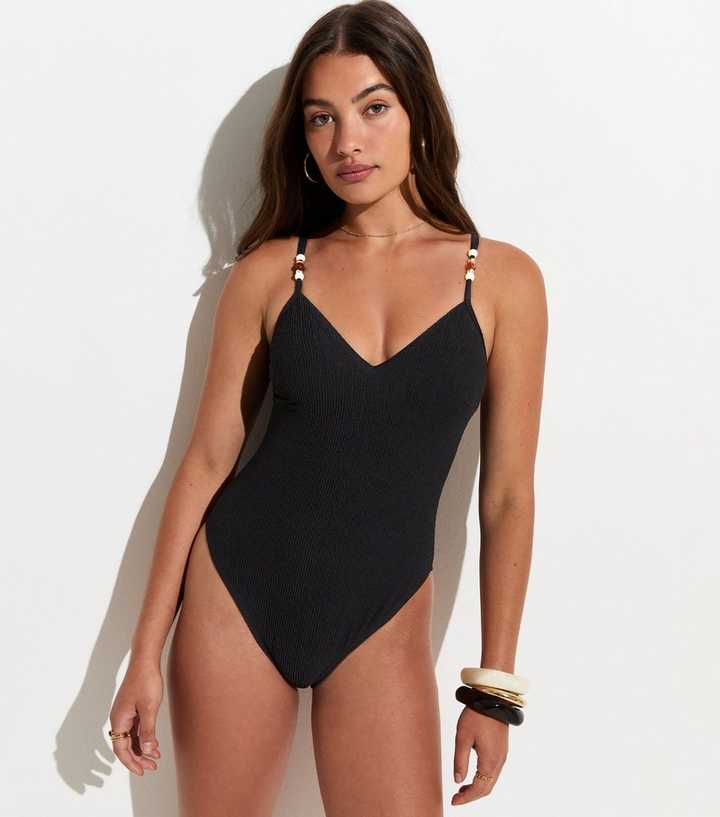 Black Tummy Control Beaded Strap Swimsuit