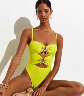 Bright Yellow Tummy Control Starfish Charm Trim Cutout Swimsuit