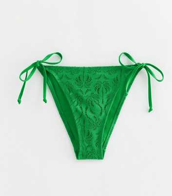 Dark Green Floral Broderie Tie Side Bikini Bottoms