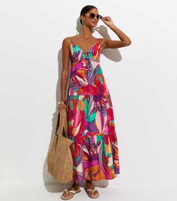 Purple Flower Print Crepe Maxi Beach Dress