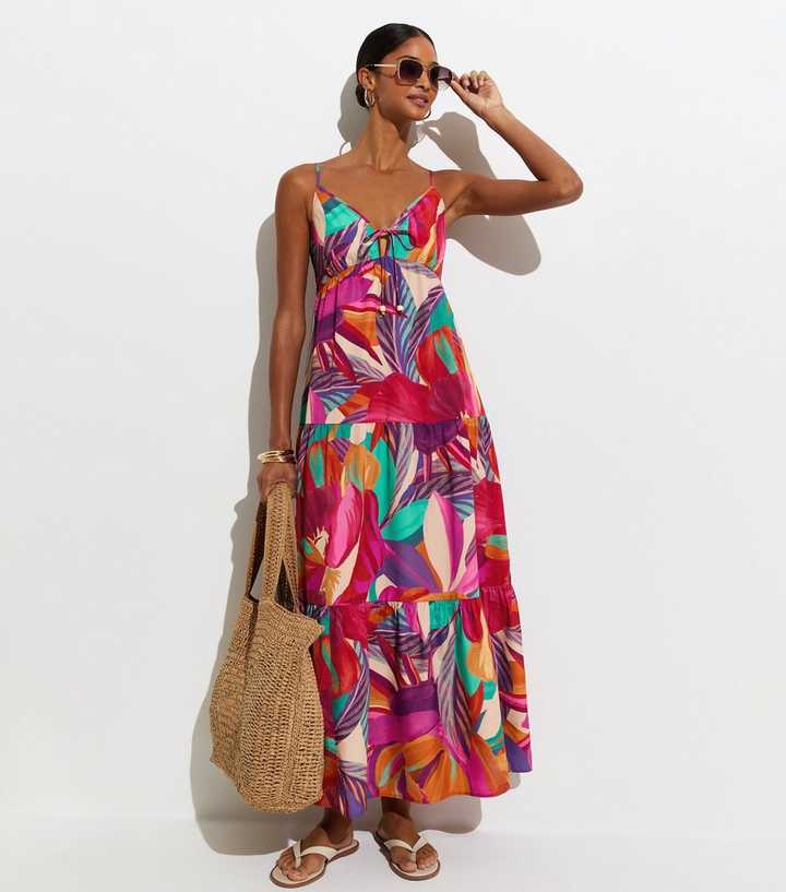 Purple Flower Print Crepe Maxi Beach Dress